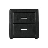 Black faux leather two-drawer bedside table with silver handles, modern bedroom furniture