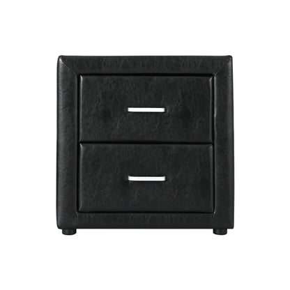 Black faux leather two-drawer bedside table with silver handles, modern bedroom furniture
