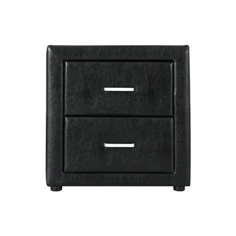 Black faux leather two-drawer bedside table with silver handles, modern bedroom furniture