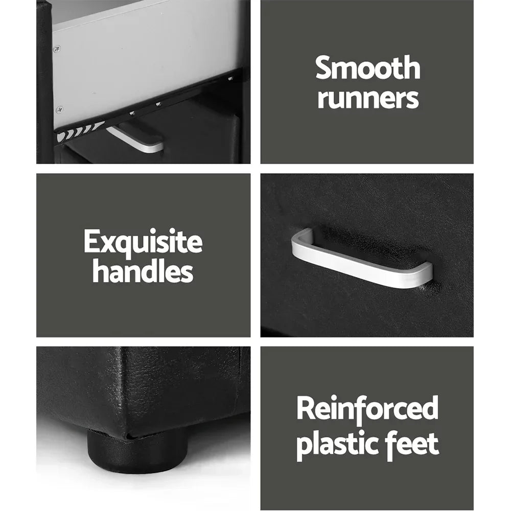 Black bedside table features smooth drawer runners, elegant handles, reinforced plastic feet.