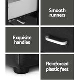 Black bedside table features smooth drawer runners, elegant handles, reinforced plastic feet.