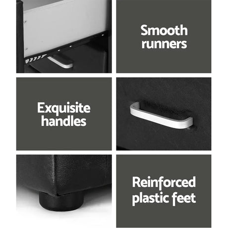 Black bedside table features smooth drawer runners, elegant handles, reinforced plastic feet.