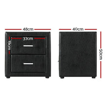 Black two-drawer bedside table with leather-look finish, shown with dimensions in centimeters.