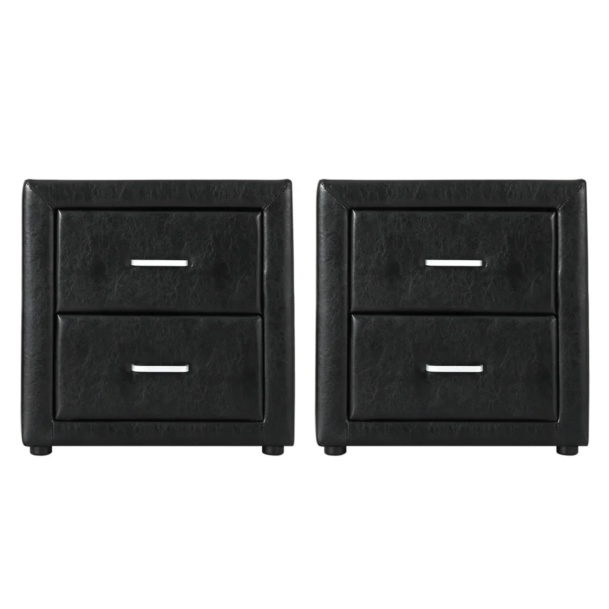 Pair of black faux leather bedside tables with two drawers and silver handles