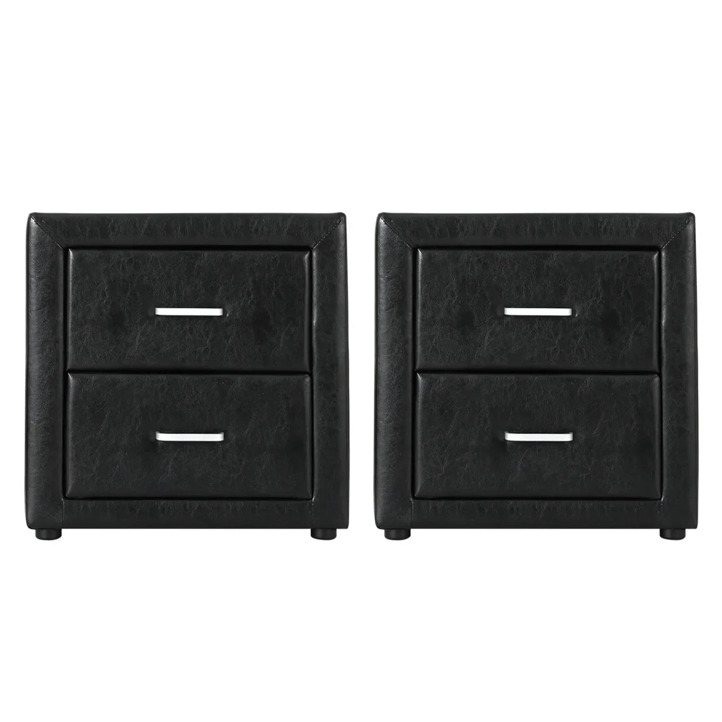 Pair of black faux leather bedside tables with two drawers and silver handles