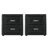 Pair of black faux leather bedside tables with two drawers and silver handles