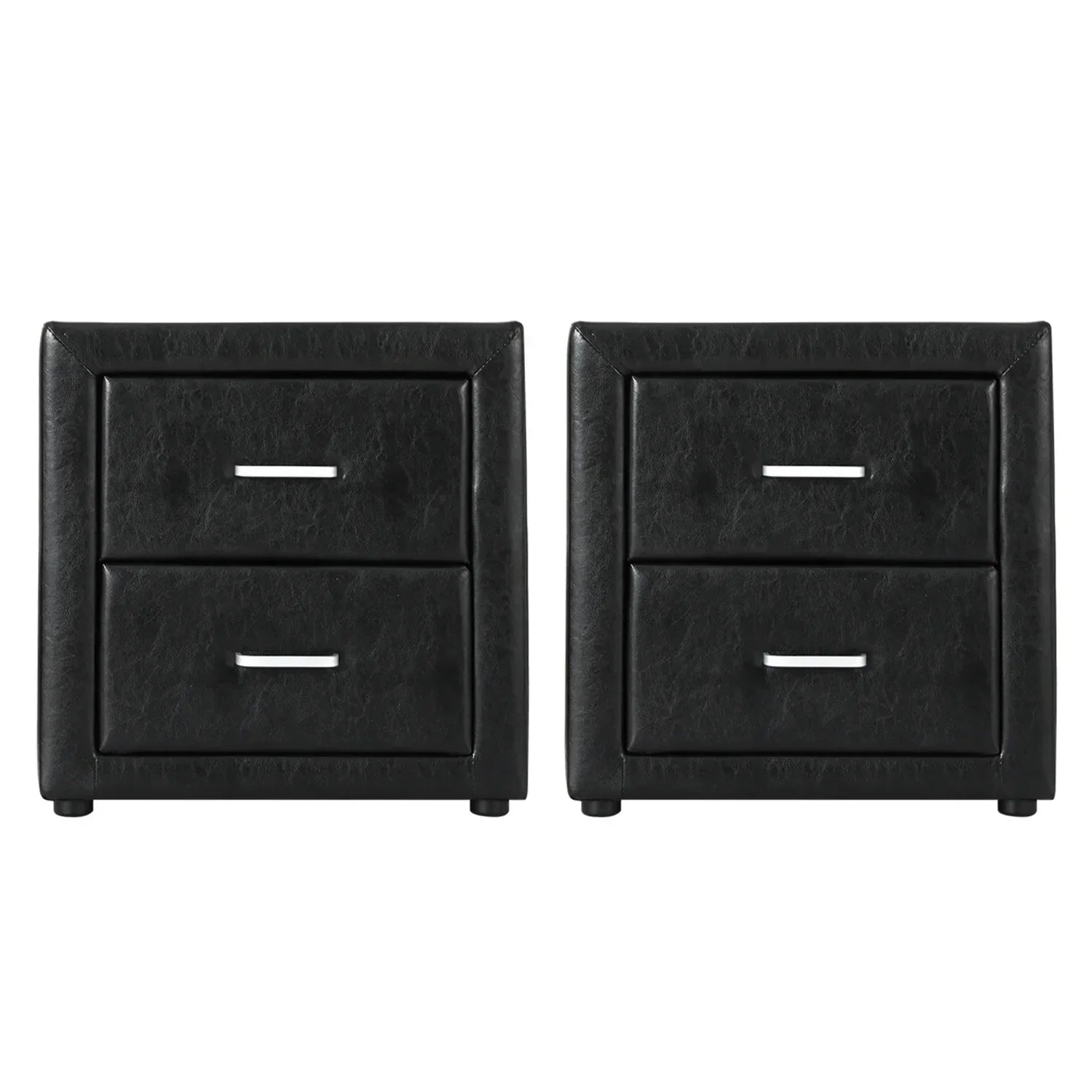 Pair of black faux leather bedside tables with two drawers and silver handles