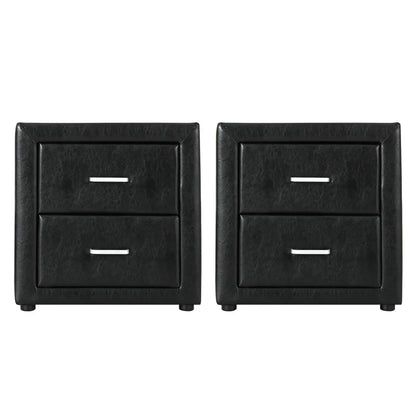 Pair of black faux leather bedside tables with two drawers and silver handles