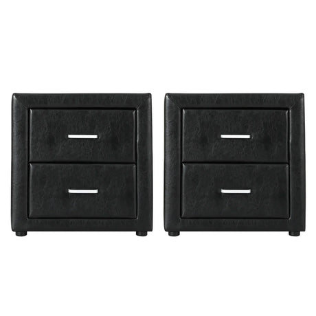 Pair of black faux leather bedside tables with two drawers and silver handles
