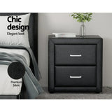 Black two-drawer nightstand with premium fabric, next to a bed, modern bedroom decor