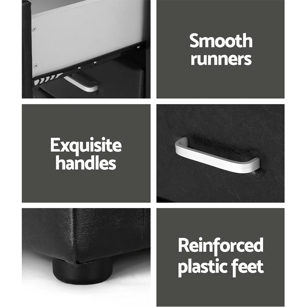 Black storage drawer with smooth runners, silver handles, reinforced plastic feet.