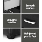 Black storage drawer with smooth runners, silver handles, reinforced plastic feet.