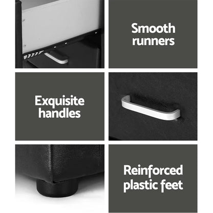 Black storage drawer with smooth runners, silver handles, reinforced plastic feet.