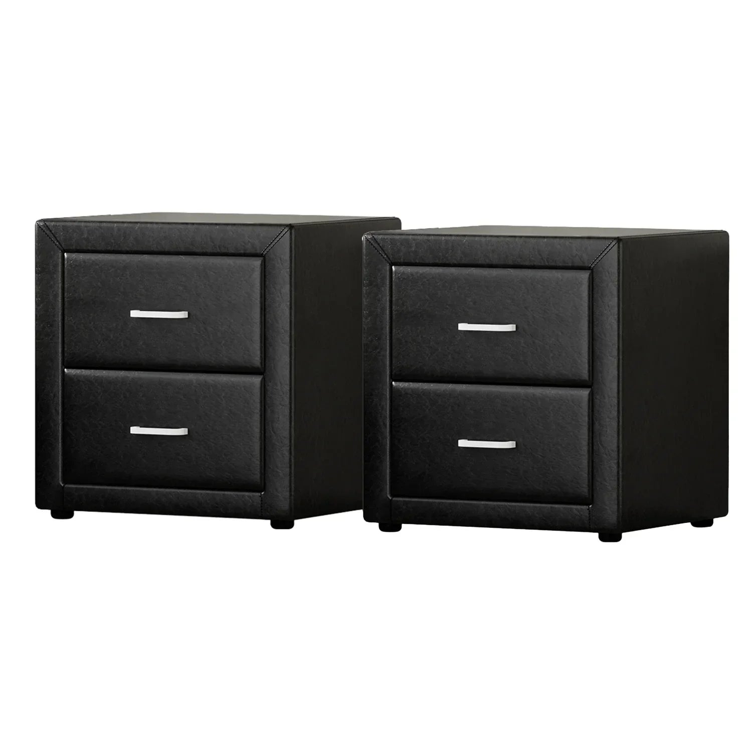Pair of modern black bedside tables with two drawers and silver handles
