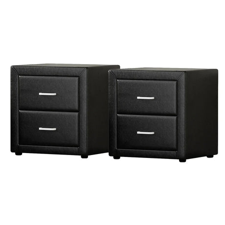 Pair of modern black bedside tables with two drawers and silver handles