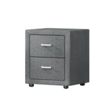 Modern grey two-drawer bedside table with fabric upholstery and metal handles