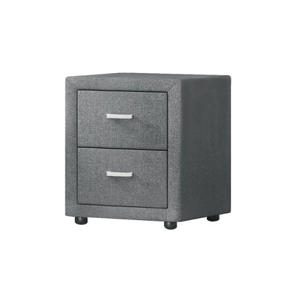 Modern grey two-drawer bedside table with fabric upholstery and metal handles
