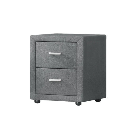 Modern grey two-drawer bedside table with fabric upholstery and metal handles