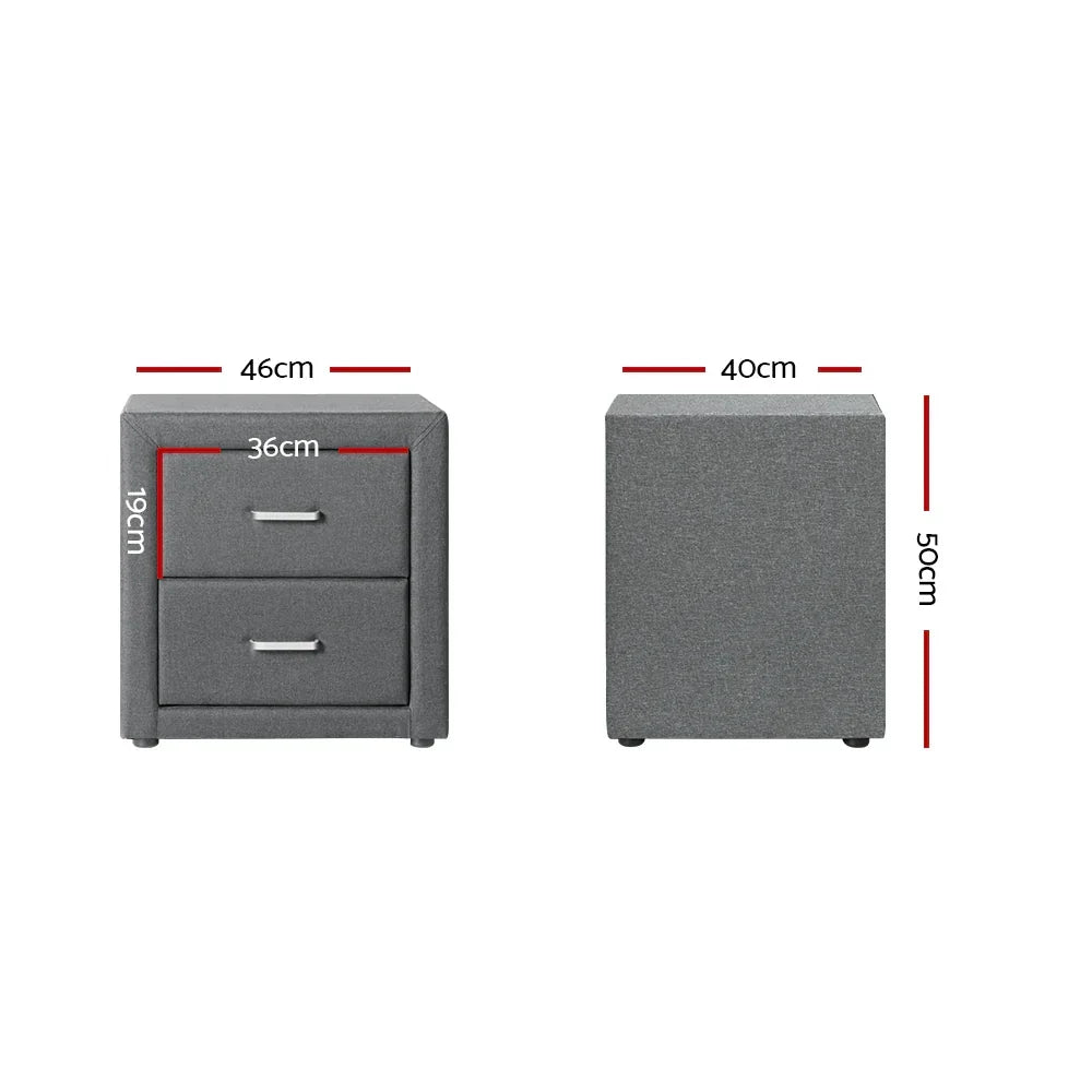 Grey bedside table with two drawers, shown front and side, includes measurements in centimeters