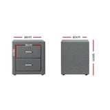 Grey bedside table with two drawers, shown front and side, includes measurements in centimeters