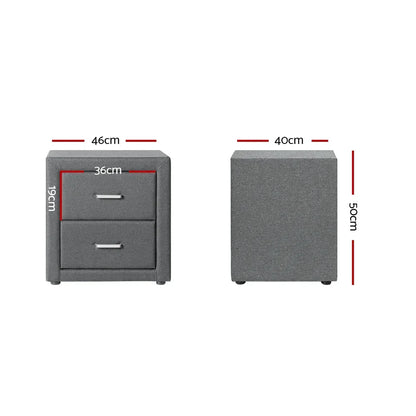 Grey bedside table with two drawers, shown front and side, includes measurements in centimeters
