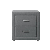 Modern grey two-drawer bedside table with fabric upholstery and metal handles