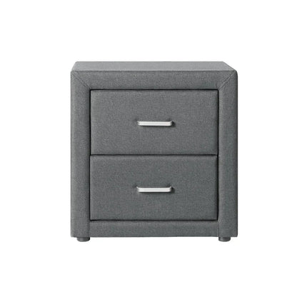 Modern grey two-drawer bedside table with fabric upholstery and metal handles