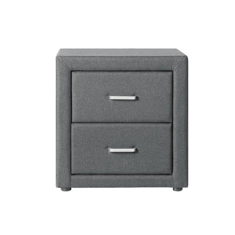 Modern grey two-drawer bedside table with fabric upholstery and metal handles