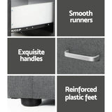 Grey furniture with smooth runners, metal handle, reinforced plastic feet, fabric texture