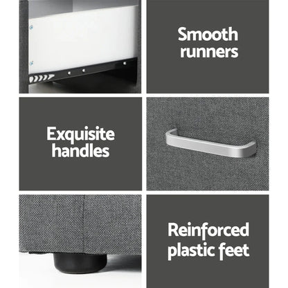 Grey furniture with smooth runners, metal handle, reinforced plastic feet, fabric texture