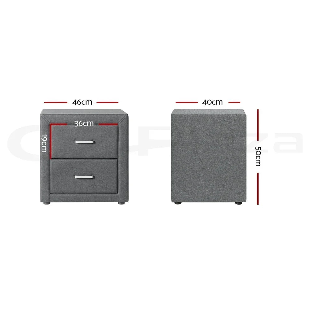 Grey two-drawer bedside table with dimensions, modern bedroom storage furniture