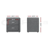 Grey two-drawer bedside table with dimensions, modern bedroom storage furniture