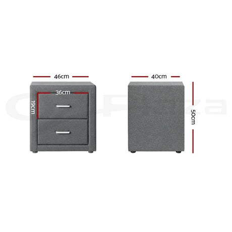 Grey two-drawer bedside table with dimensions, modern bedroom storage furniture