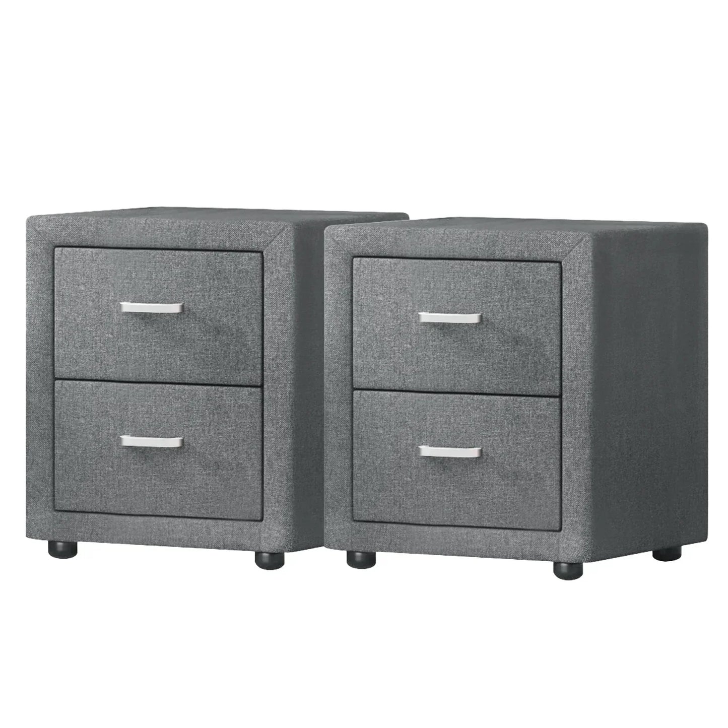 Pair of modern grey fabric bedside tables with two drawers and silver handles