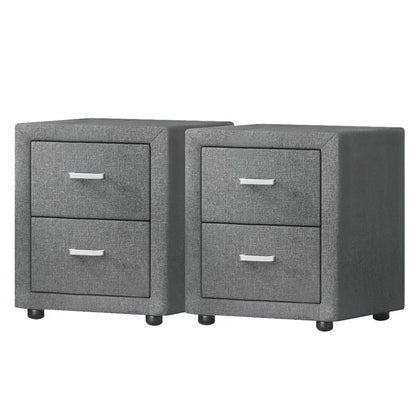 Pair of modern grey fabric bedside tables with two drawers and silver handles