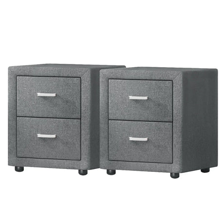 Pair of modern grey fabric bedside tables with two drawers and silver handles