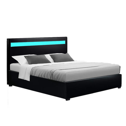 Artiss Cole LED Gas Lift Bed Frame Double Black with Storage 300kg