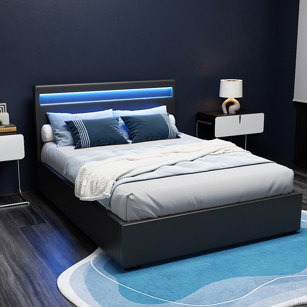 Artiss Cole LED Gas Lift Bed Frame Double Black with Storage 300kg