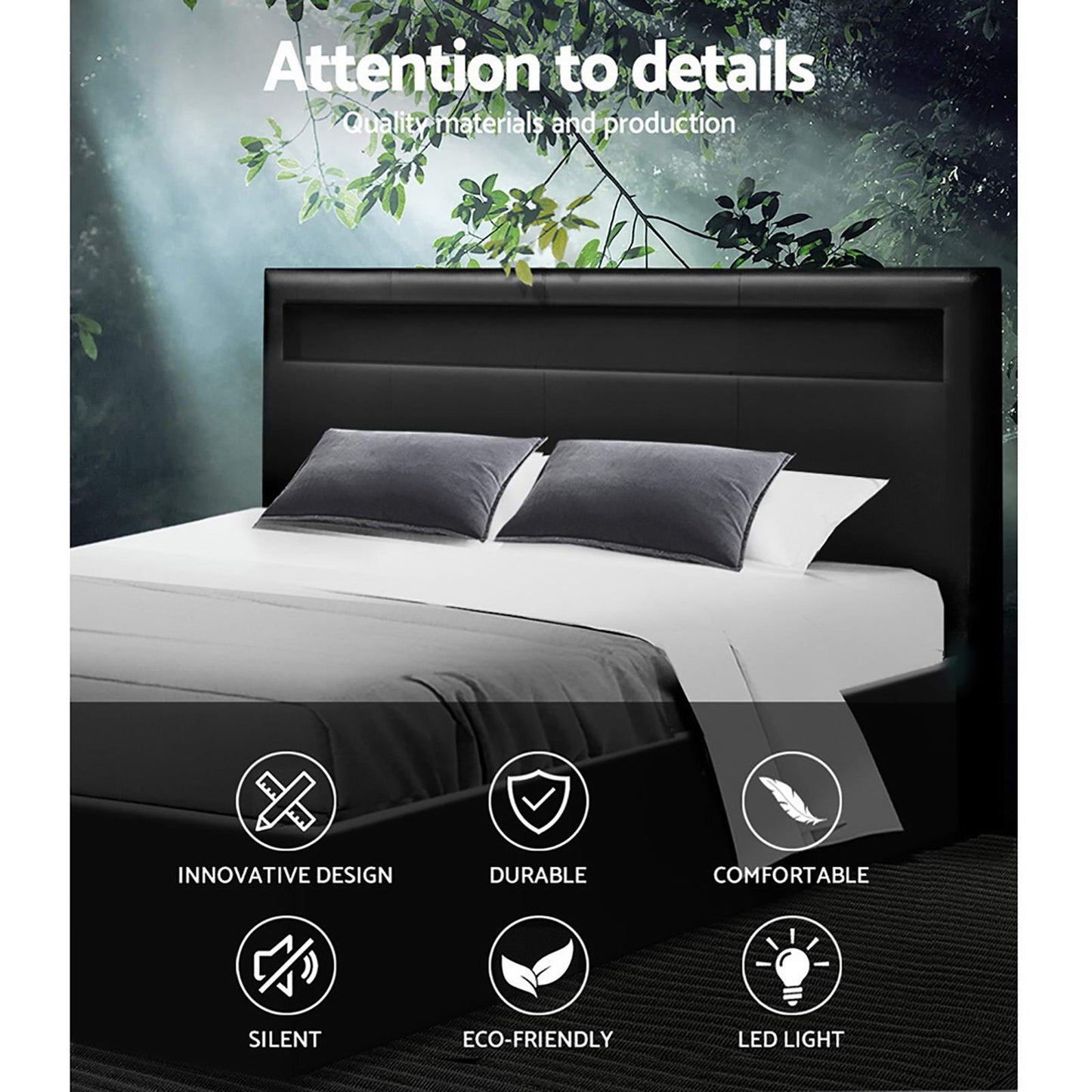 Artiss Cole LED Gas Lift Bed Frame Double Black with Storage 300kg