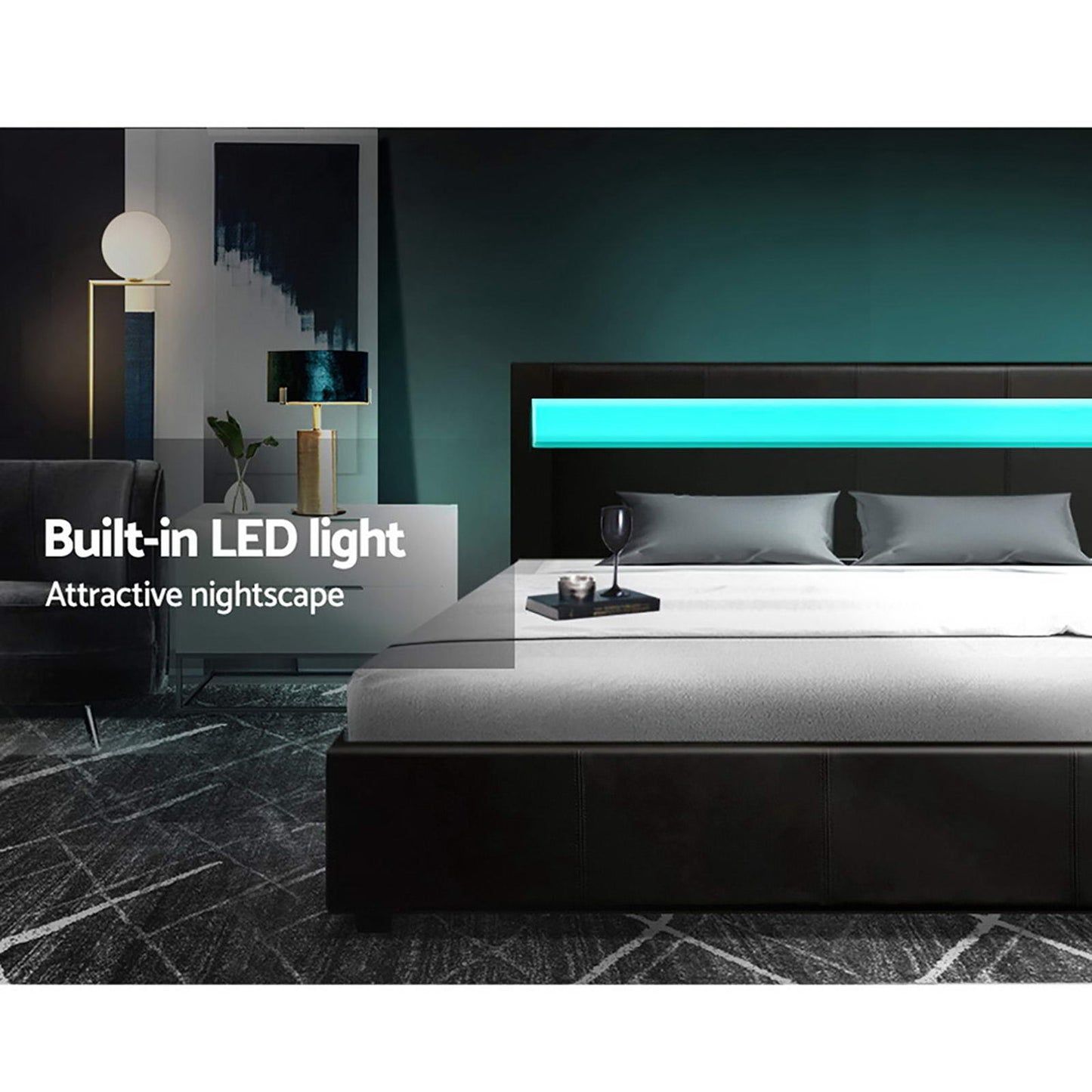Artiss Cole LED Gas Lift Bed Frame Double Black with Storage 300kg