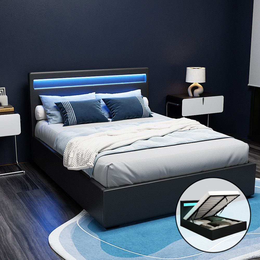 Artiss Cole LED Gas Lift Bed Frame Double Black with Storage 300kg