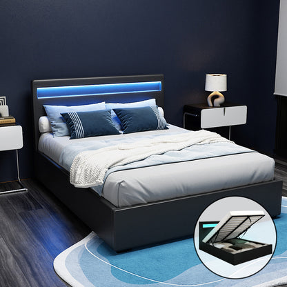 Artiss Cole LED Gas Lift Bed Frame Double Black with Storage 300kg