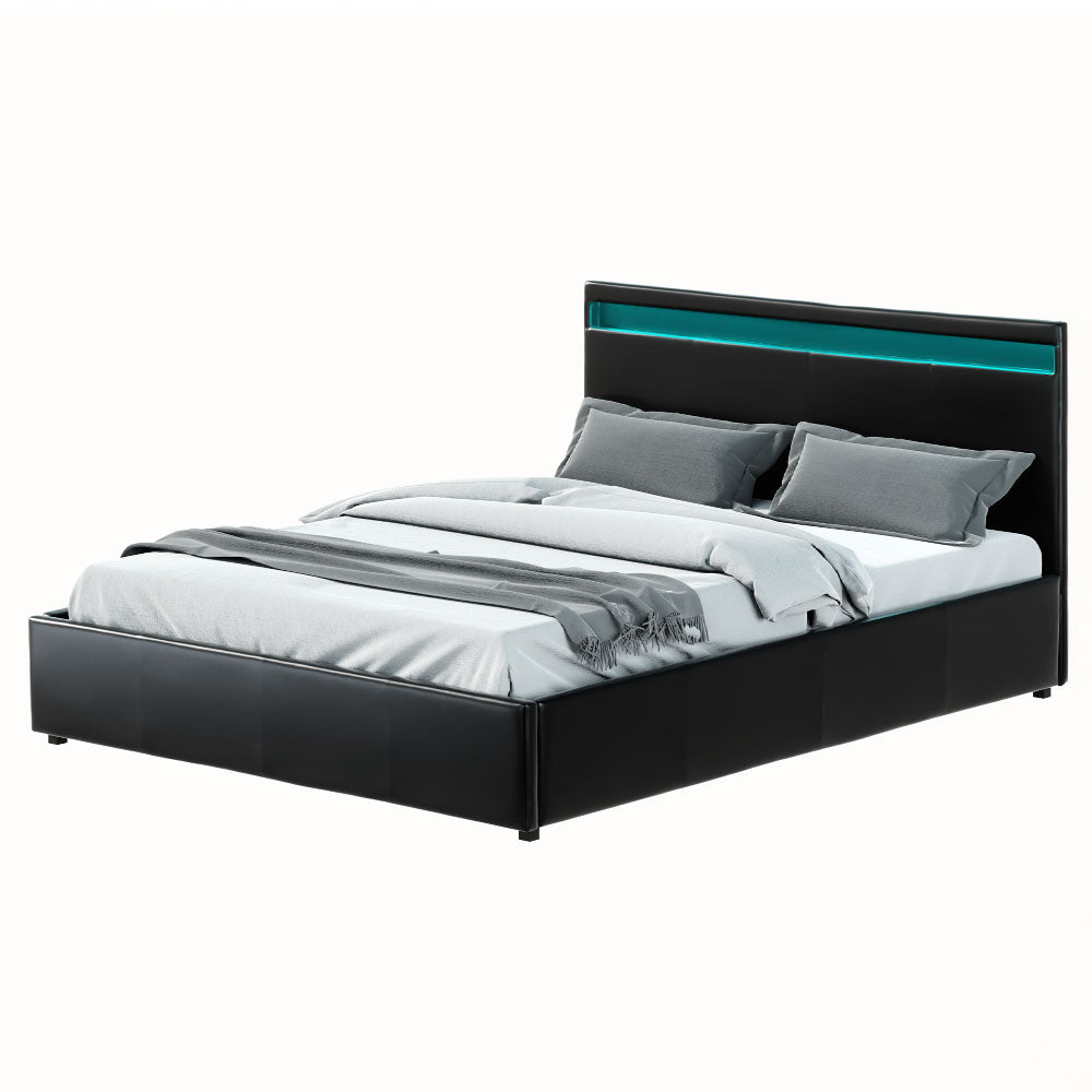 Artiss Cole LED Gas Lift Bed Frame Queen Black with Storage 300kg