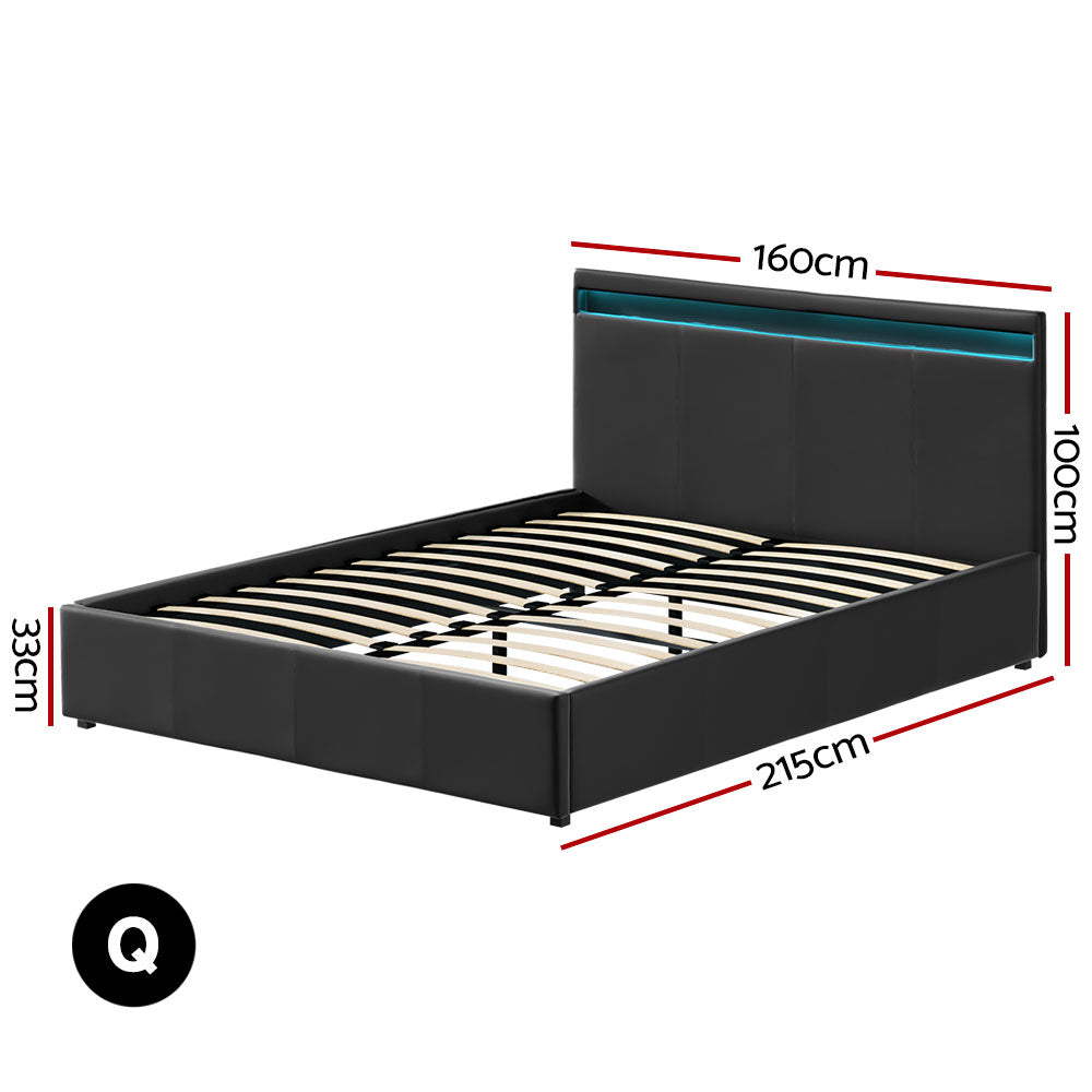 Artiss Cole LED Gas Lift Bed Frame Queen Black with Storage 300kg