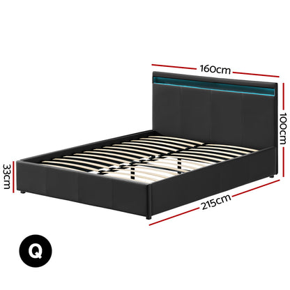 Artiss Cole LED Gas Lift Bed Frame Queen Black with Storage 300kg