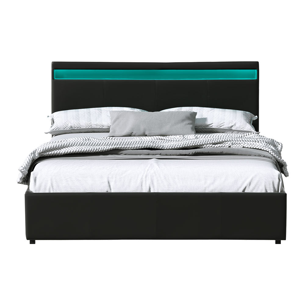 Artiss Cole LED Gas Lift Bed Frame Queen Black with Storage 300kg