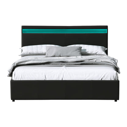Artiss Cole LED Gas Lift Bed Frame Queen Black with Storage 300kg