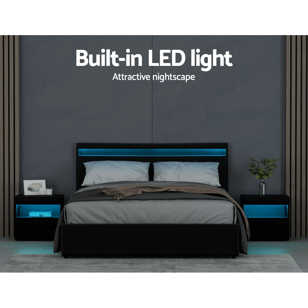 Artiss Cole LED Gas Lift Bed Frame Queen Black with Storage 300kg
