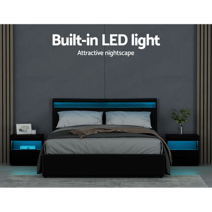 Artiss Cole LED Gas Lift Bed Frame Queen Black with Storage 300kg
