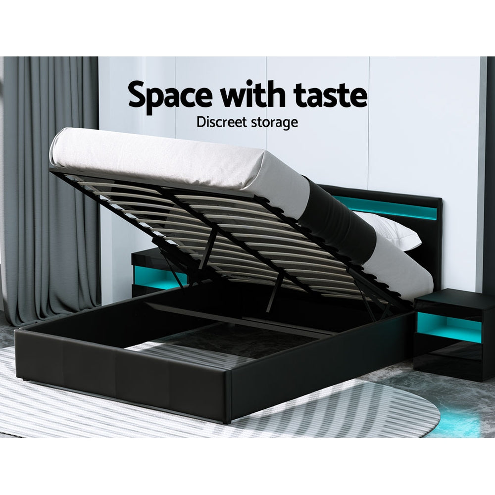 Artiss Cole LED Gas Lift Bed Frame Queen Black with Storage 300kg